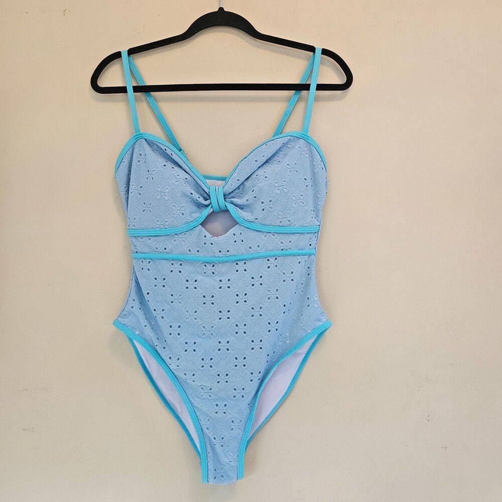 Anna-Kaci Blue Eyelet 1 Piece Swimsuit Sweetheart Neckline Keyhole Cutout Size M
